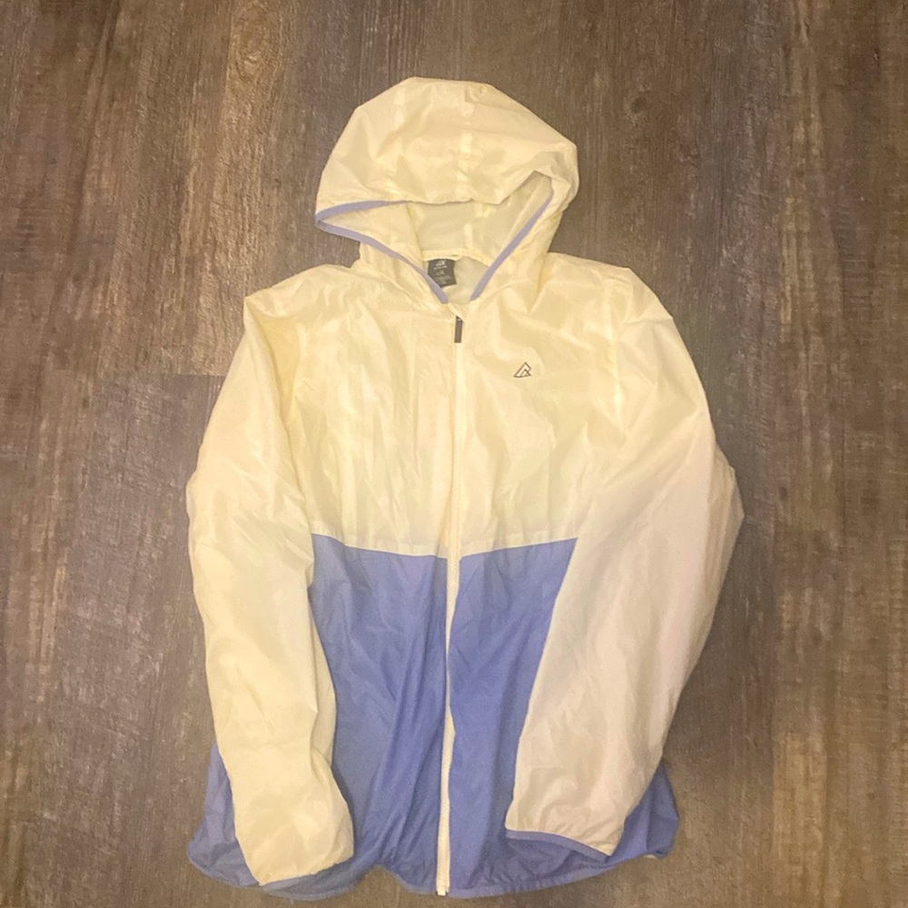 Blue and cream rain jacket